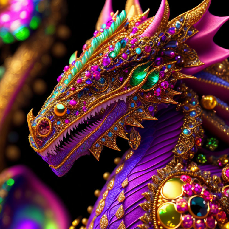 Colorful Gemstone-Adorned Dragon Sculpture with Golden Details