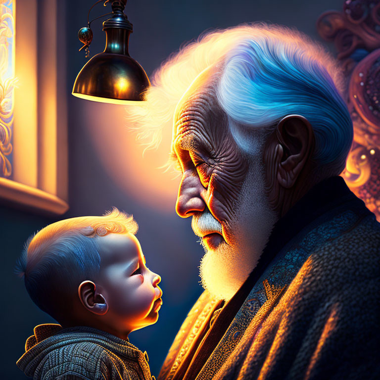 White-Haired Elderly Man Gazing at Peaceful Baby under Warm Lamp