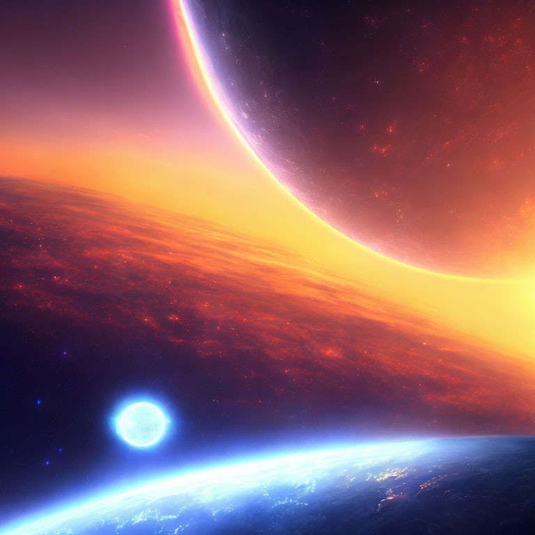 Colorful Space Scene with Curved Planet Horizon and Celestial Bodies