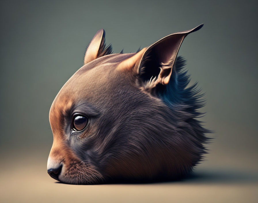 Digital artwork: Brown dog head with blue feathered wing ear on muted background