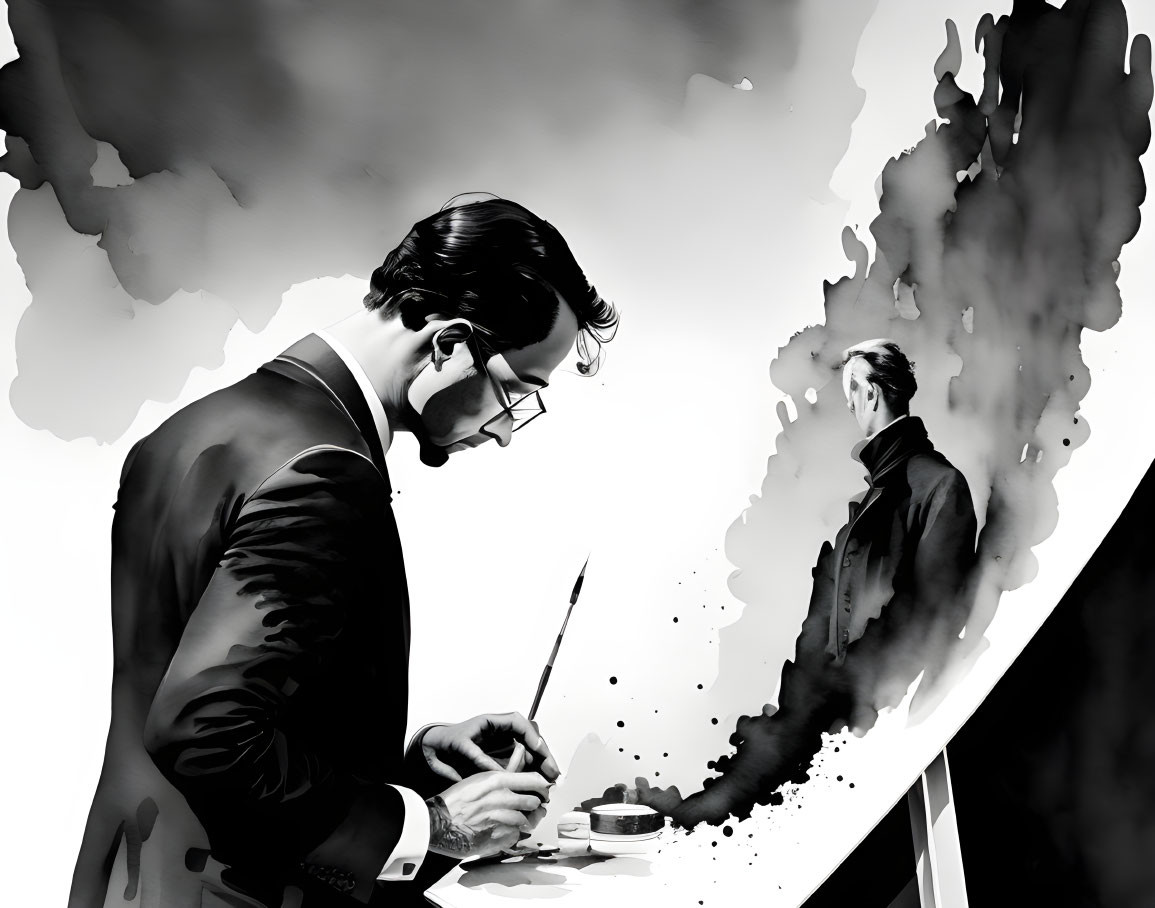 Monochrome illustration of man writing in suit with reflective shadow.