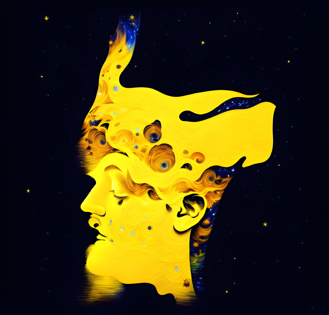 Digital artwork: profile face merges with swirling "Starry Night" patterns