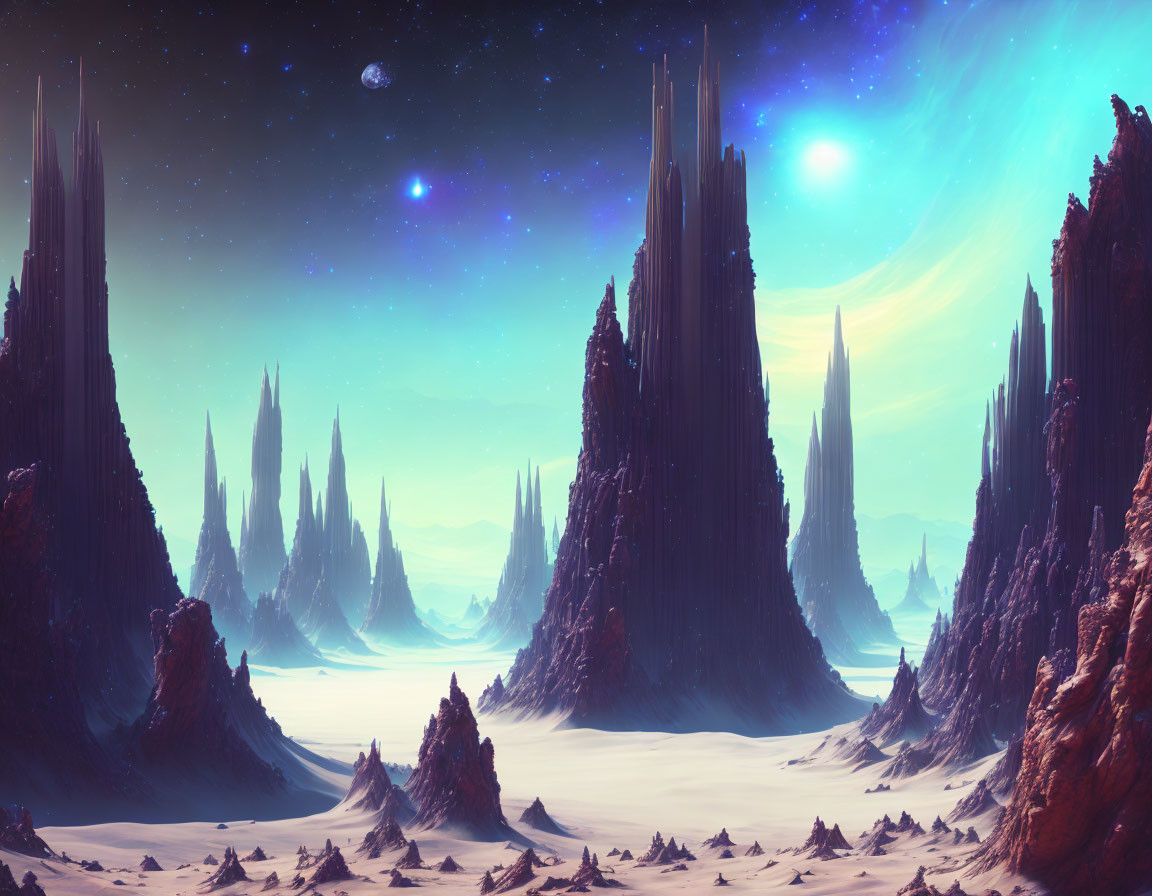 Alien landscape with towering spires, desert floor, two moons, and blue star