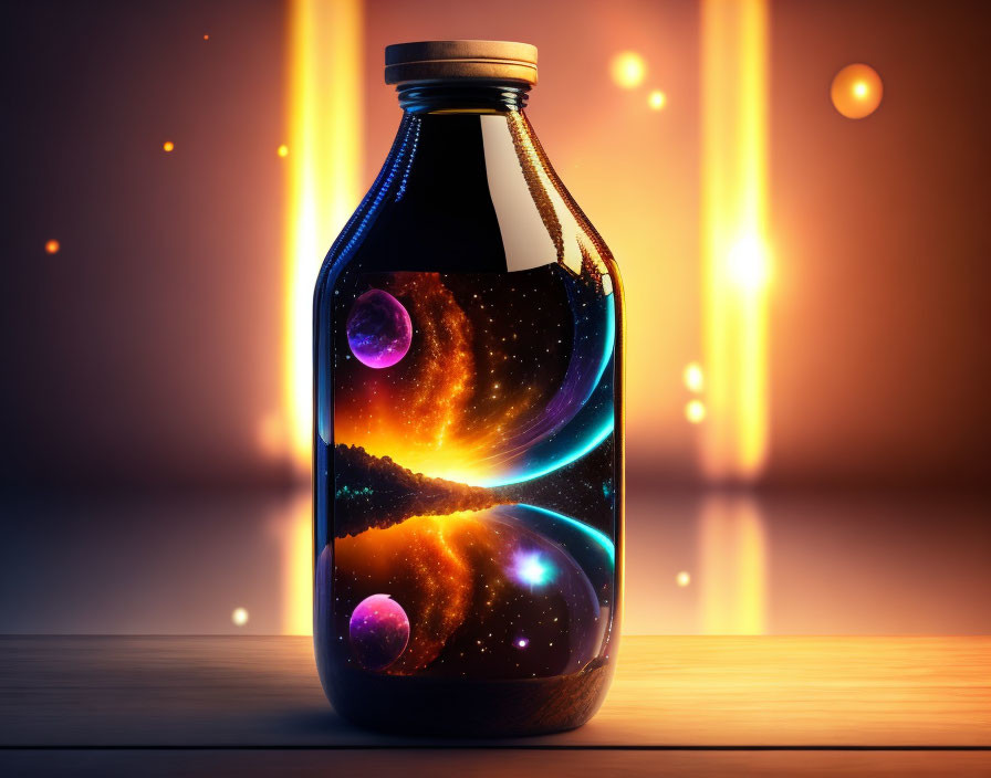 Glass bottle with galaxy, stars, and planets on wooden surface