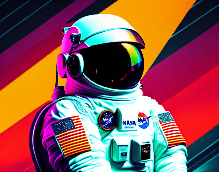 NASA astronaut in white space suit on vibrant striped background