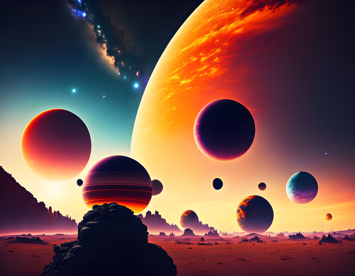 Colorful Planets in Surreal Sci-Fi Landscape