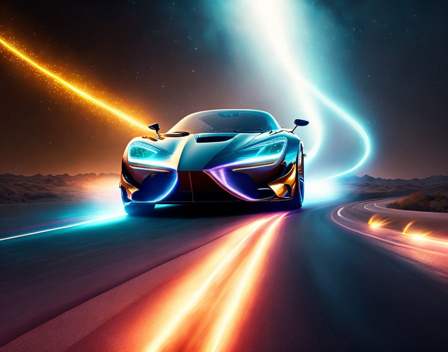 Futuristic sports car with colorful light streaks on desert road