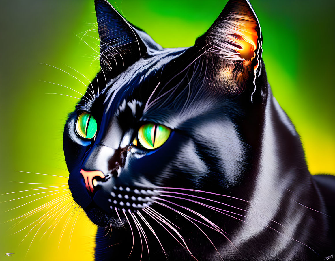 Stylized black cat with green eyes on vibrant background