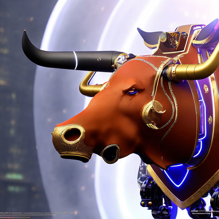 Stylized mechanical bull with golden decorations in 3D illustration