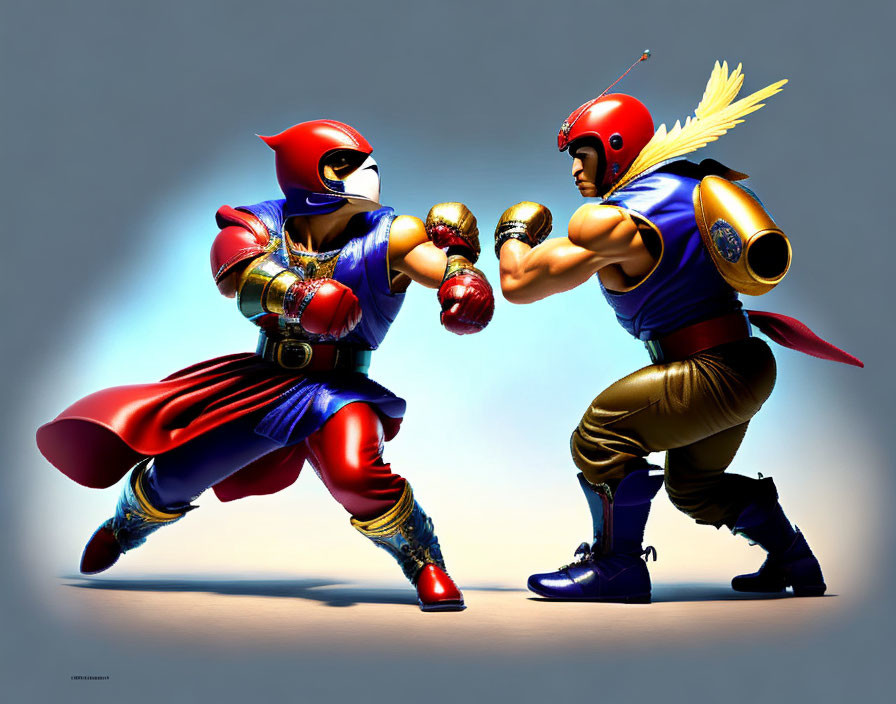 Animated characters in superhero outfits and masks in face-off pose with punch.