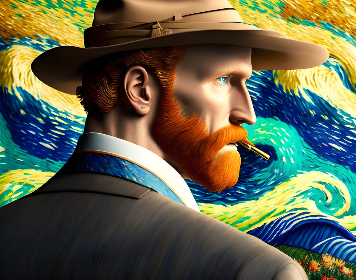 Vincent van Gogh illustration with starry night background, hat, suit, and pipe.