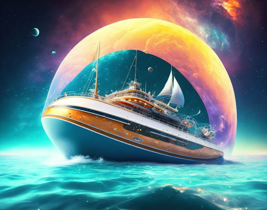 Luxurious yacht sailing under surreal sky with giant planet and moons in vibrant colors