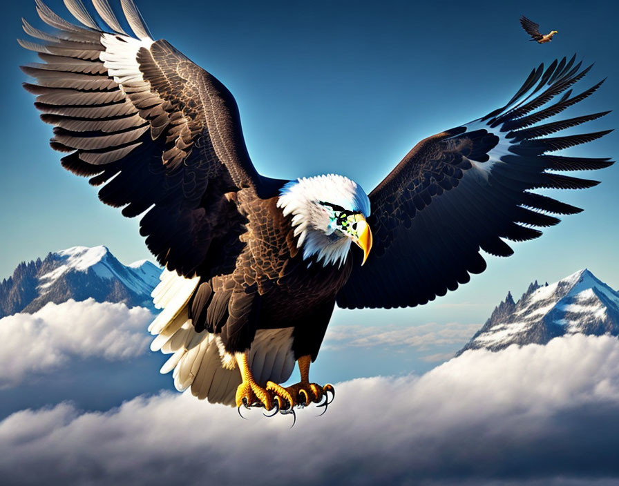 Majestic bald eagle soaring above clouds with mountains and another eagle.