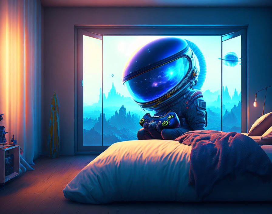 Astronaut playing video game on bed with alien world view.