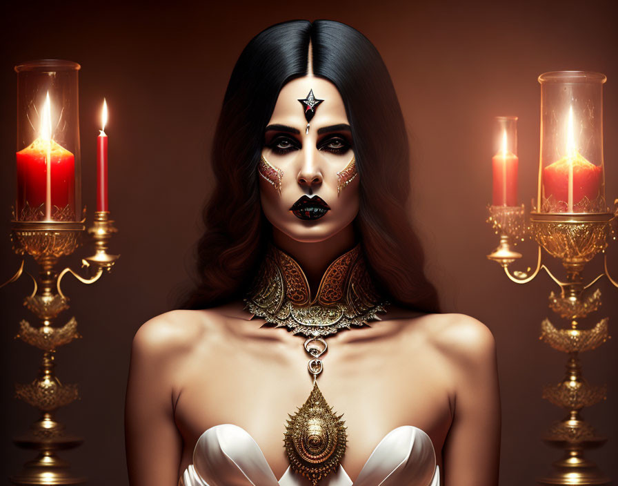 Woman with dark makeup and star design surrounded by lit candles in ornate holders