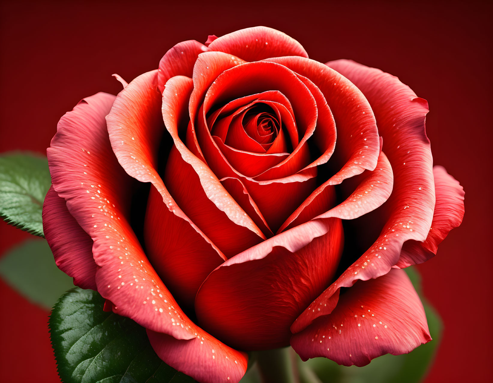 Vibrant red rose with dewdrops on dark background