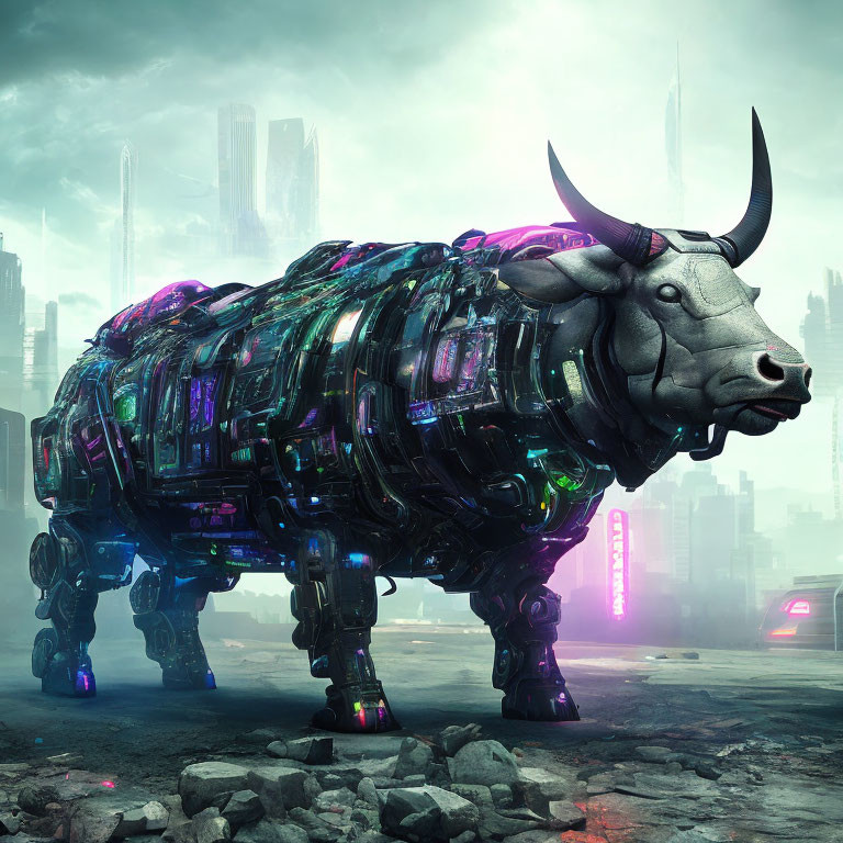 Colorful illuminated robotic bull in dystopian cityscape