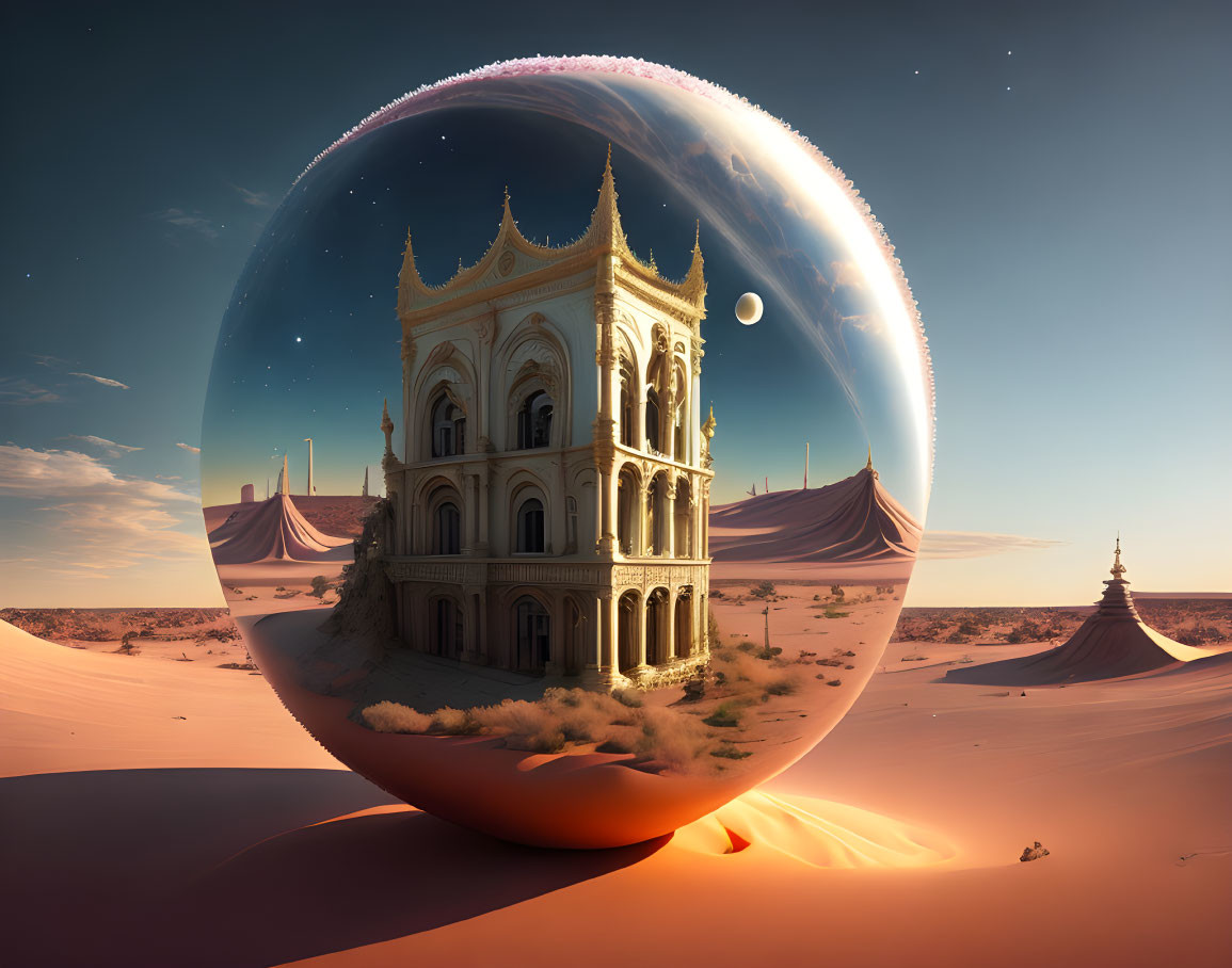 Surreal image of grand building in bubble in desert landscape