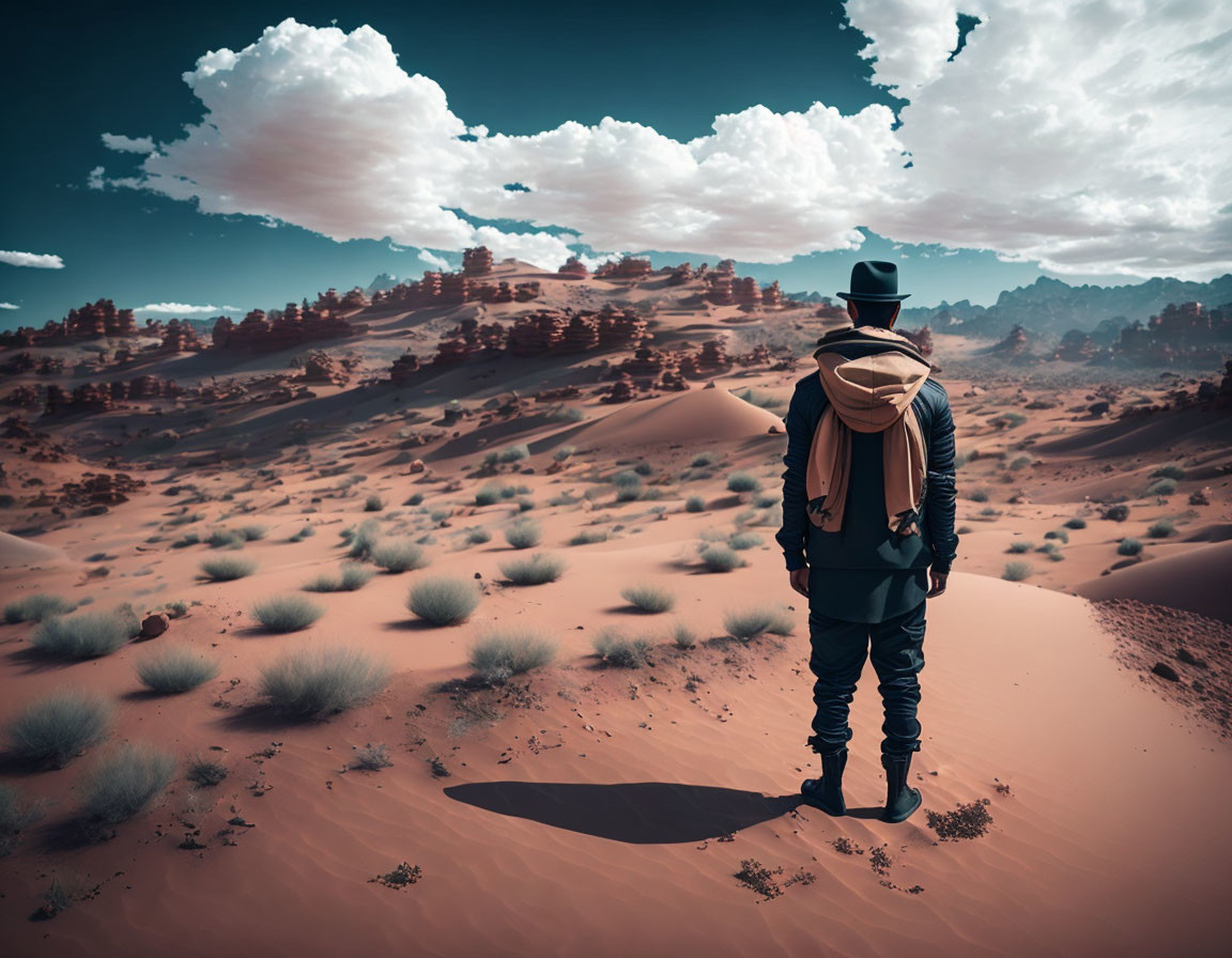 Person in hat and backpack in desert dunes under cloudy sky