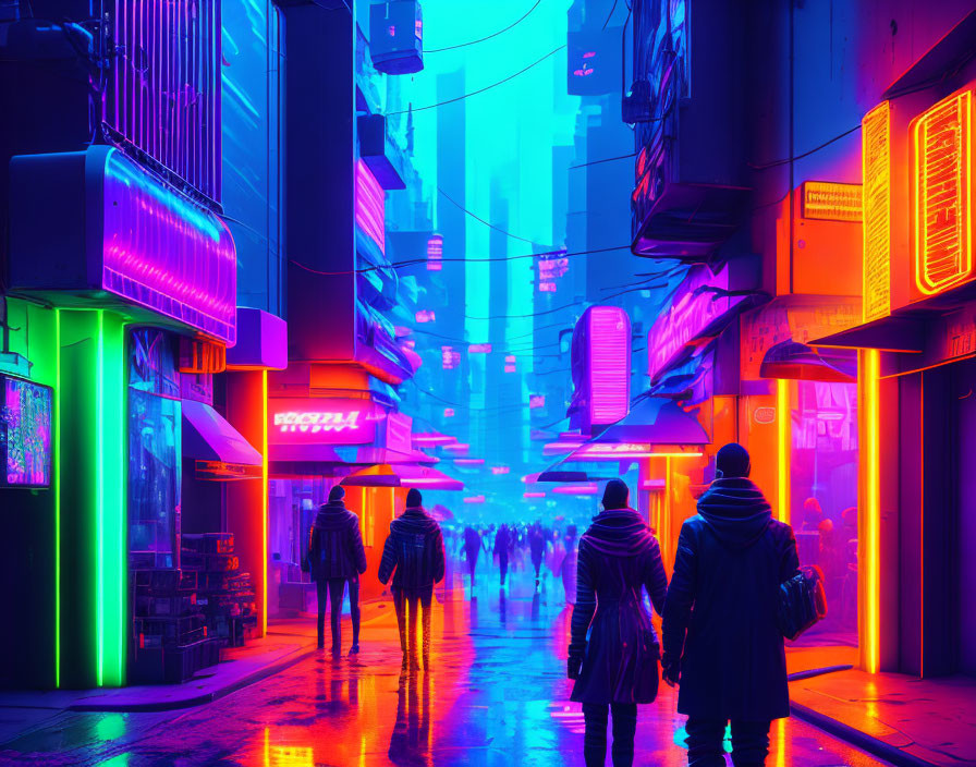 Neon-lit cyberpunk street with futuristic buildings