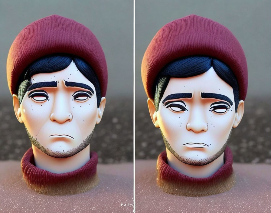 Stylized 3D male figure with red beanie and sweater displaying two expressions: concerned and