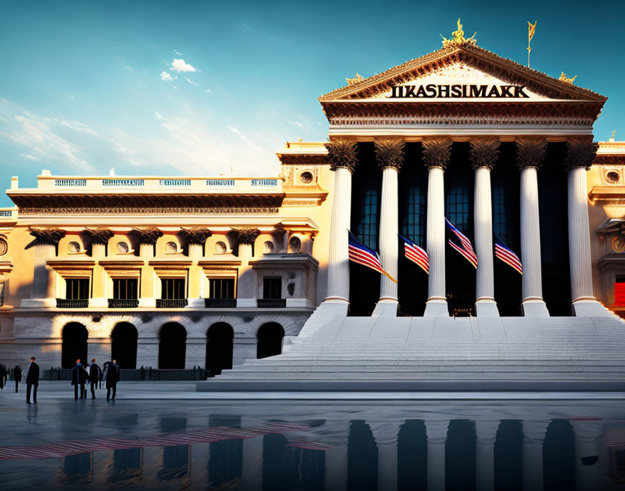 Neoclassical Building with Columns, Frieze, and USA Flags