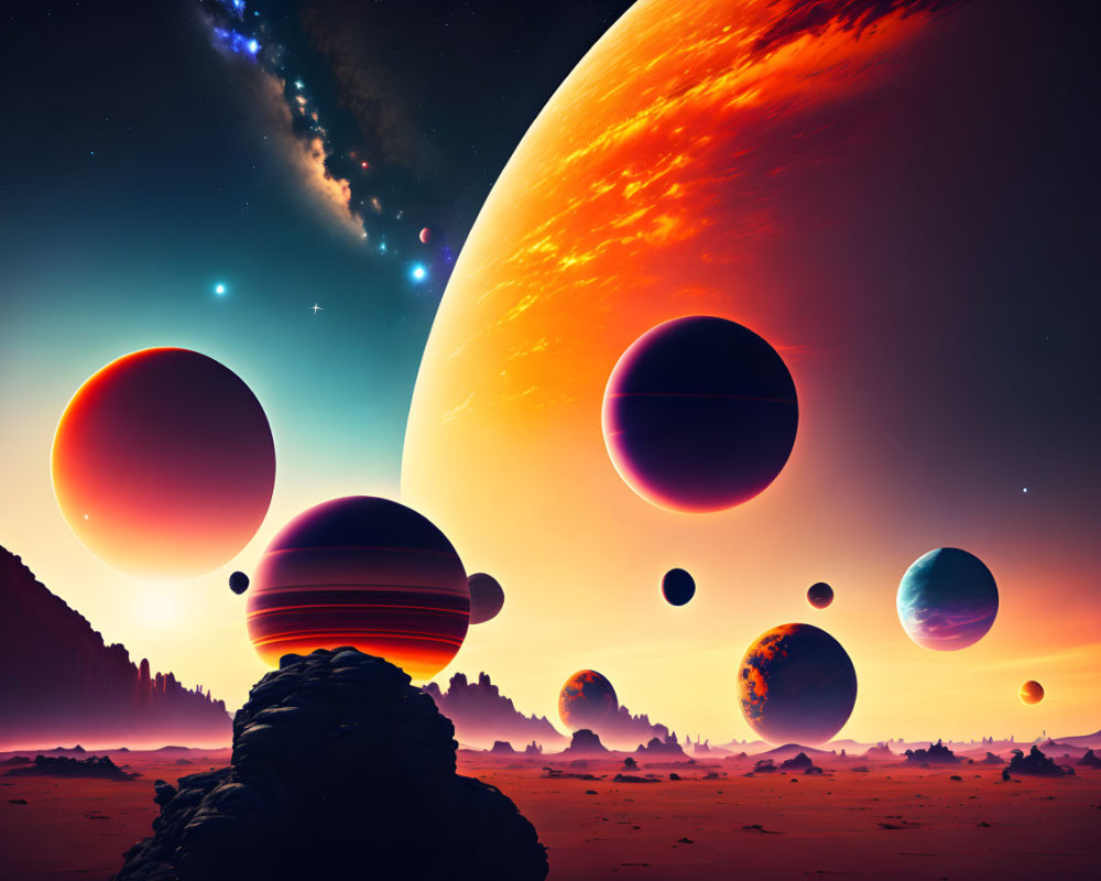 Colorful Planets in Surreal Sci-Fi Landscape