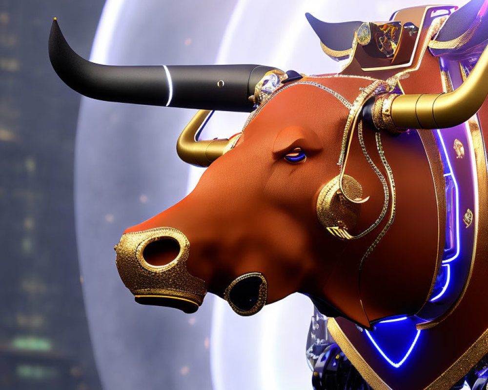 Stylized mechanical bull with golden decorations in 3D illustration