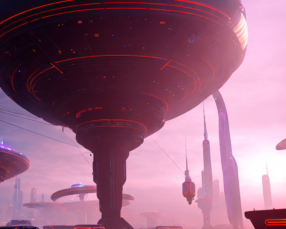 Futuristic cityscape with towering structures and flying vehicles