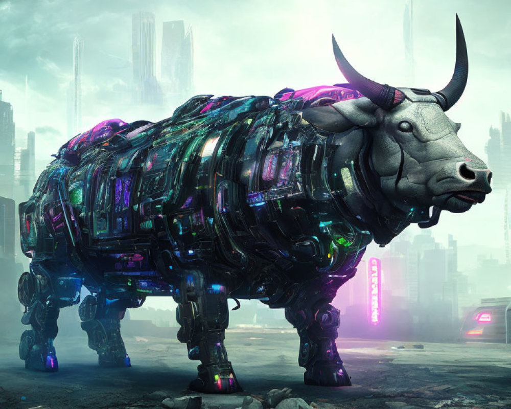 Colorful illuminated robotic bull in dystopian cityscape