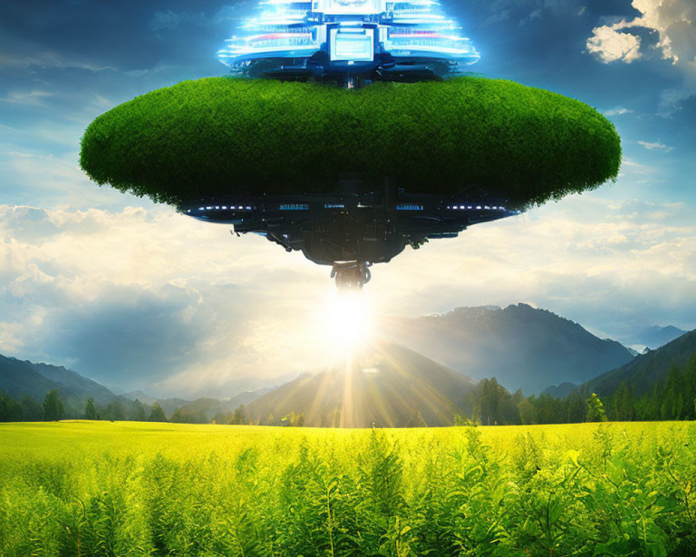 Green grass-covered UFO hovers over sunlit field with mountains under cloudy sky