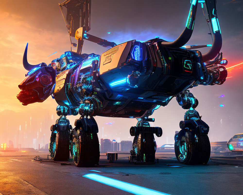 Futuristic illuminated mechanical bull on wheels in neon-lit cityscape