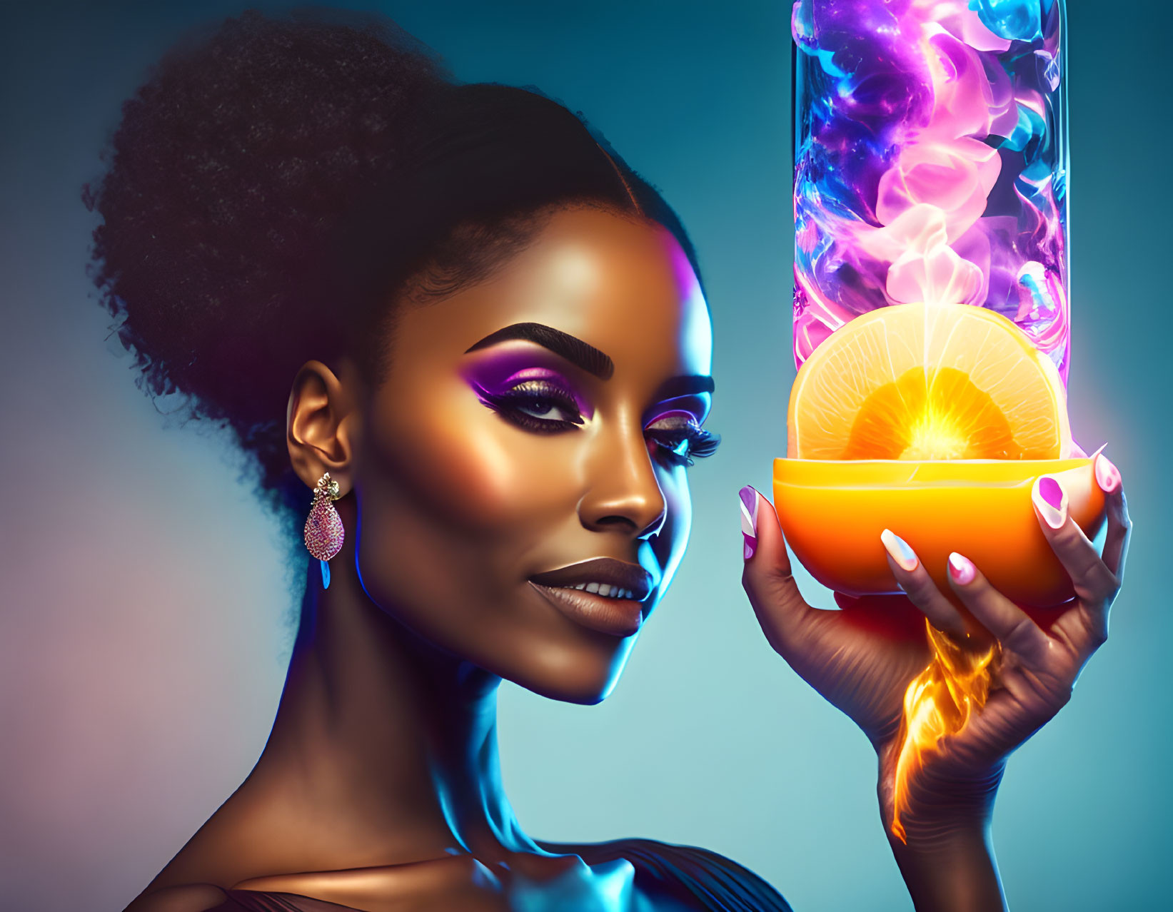 Woman holding glowing orange with purple flame against blue backdrop