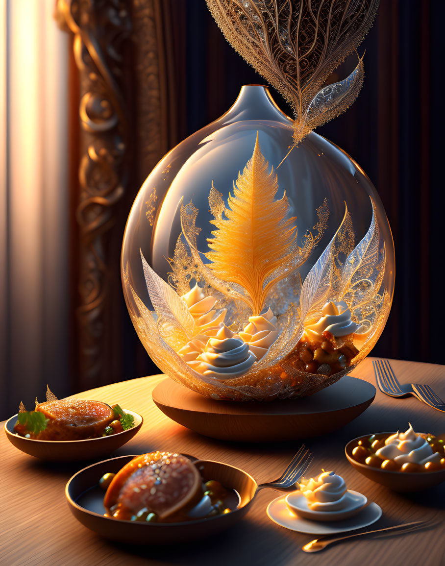 Intricate Golden Feather Glass Vase on Dessert Table