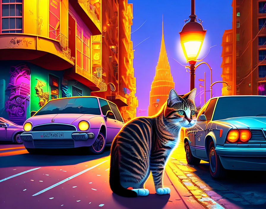 Gigantic tabby cat in neon-lit street with vintage cars and whimsical cityscape