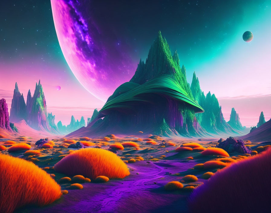 Colorful alien landscape: towering green mountains, purple moon, fluffy orange vegetation under pink and blue twilight