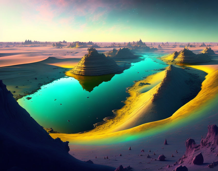 Vibrant surreal desert landscape with blue water and futuristic rock formations