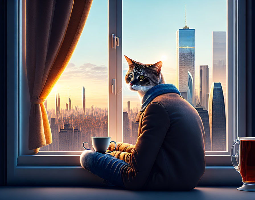 Cat in sweater by window with coffee mug overlooking city skyline at sunrise/sunset