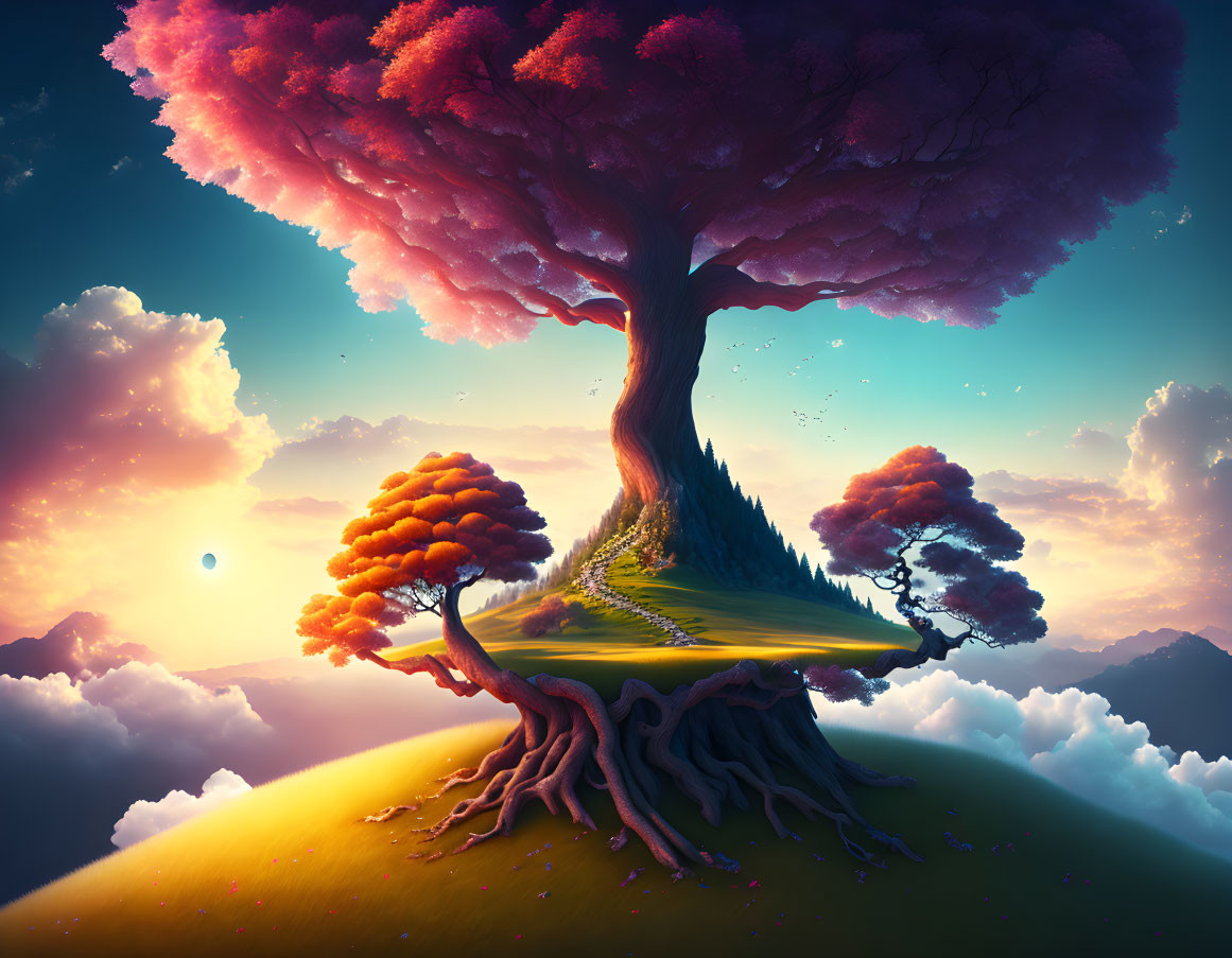 Vibrant sunset sky over fantastical landscape with pink tree