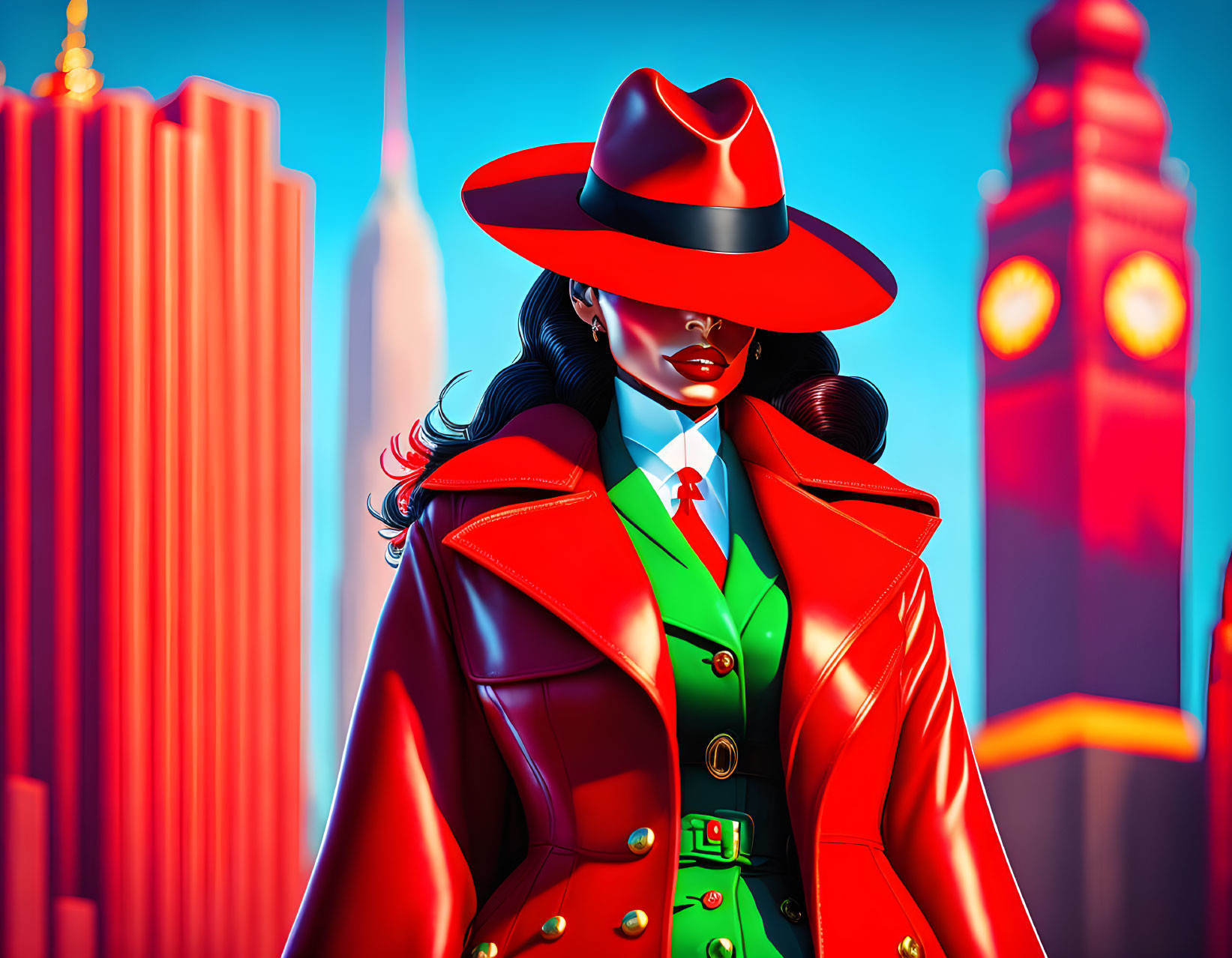 Stylized illustration: Woman in red hat & trench coat with iconic landmarks.