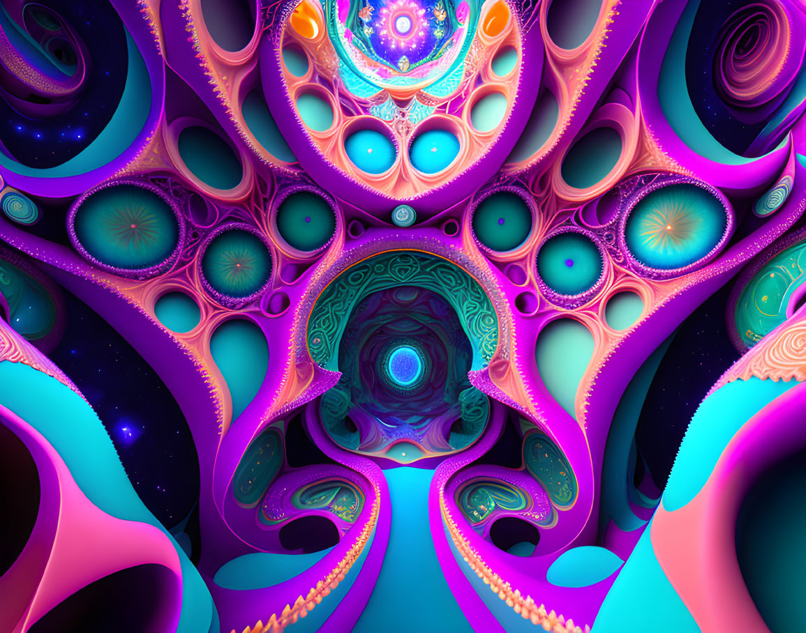 Colorful swirling fractal patterns in hypnotic tunnel formation