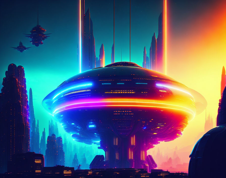 Futuristic cityscape with towering spires, hovering spaceship, neon lights