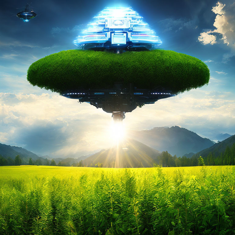 Green grass-covered UFO hovers over sunlit field with mountains under cloudy sky