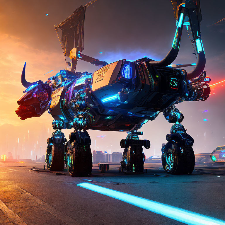 Futuristic illuminated mechanical bull on wheels in neon-lit cityscape