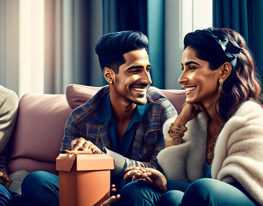 Stylish couple on sofa with gift box in foreground