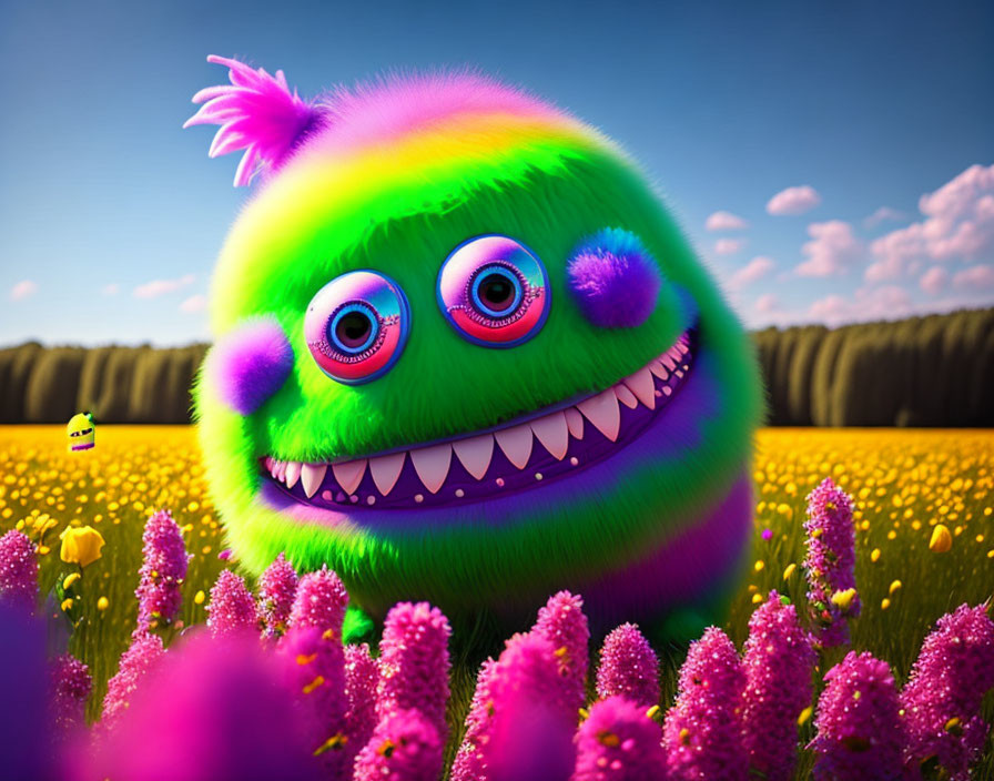 Colorful Furry Creature in Field of Flowers with Big Eyes