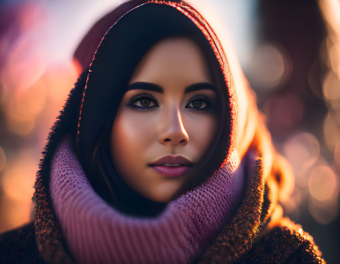 Portrait of woman with headscarf and pink scarf in warm bokeh lighting