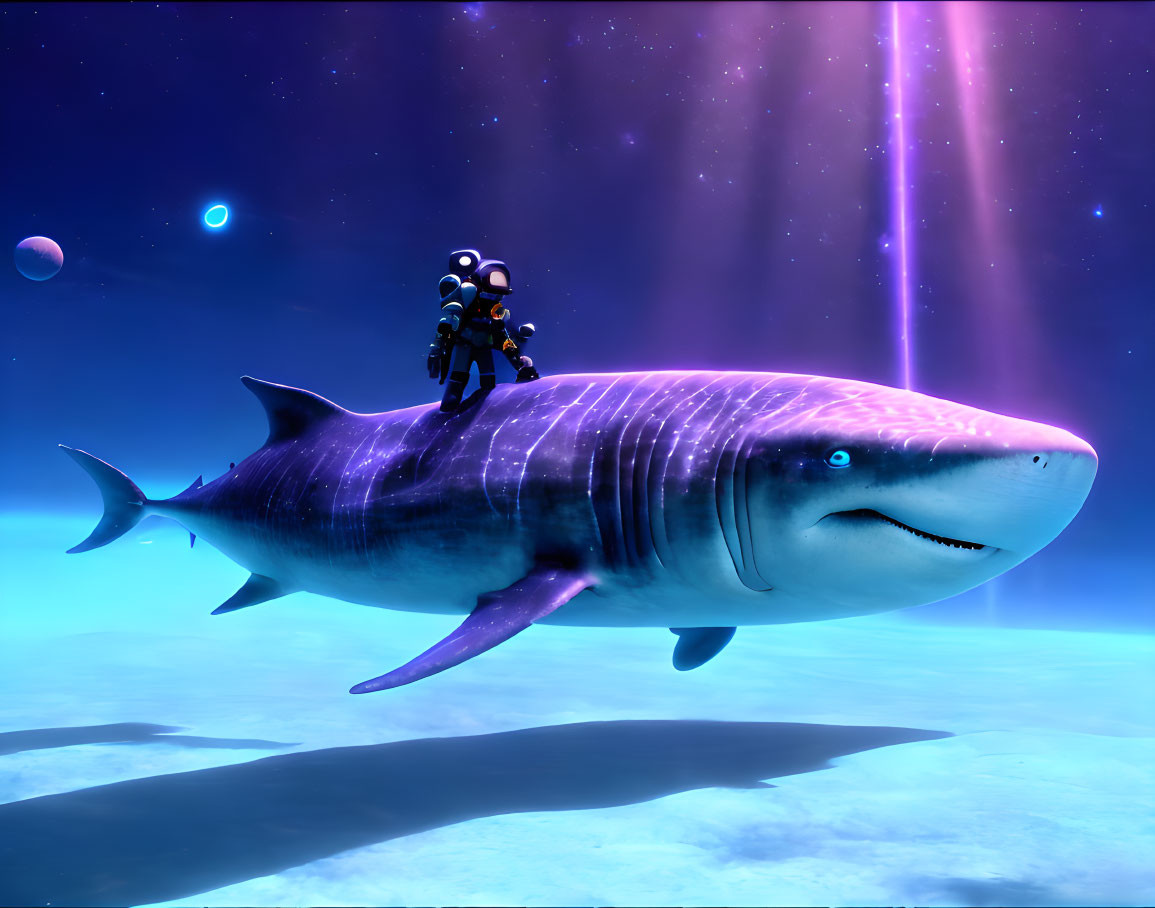 Astronaut on large shark in cosmic scene with auroras and planets