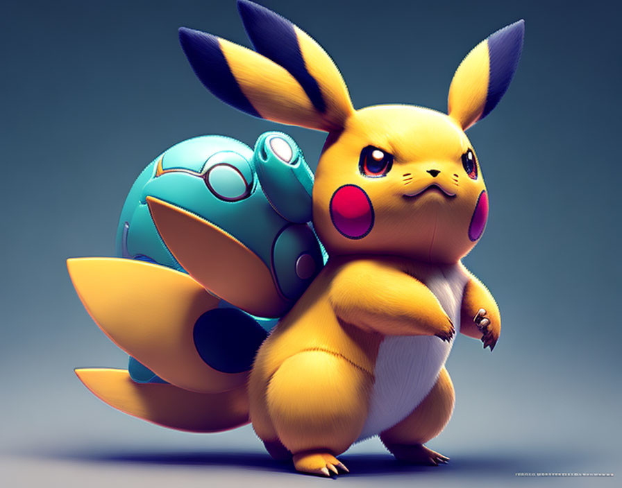 3D Pikachu illustration with determined expression next to blue Poké Ball