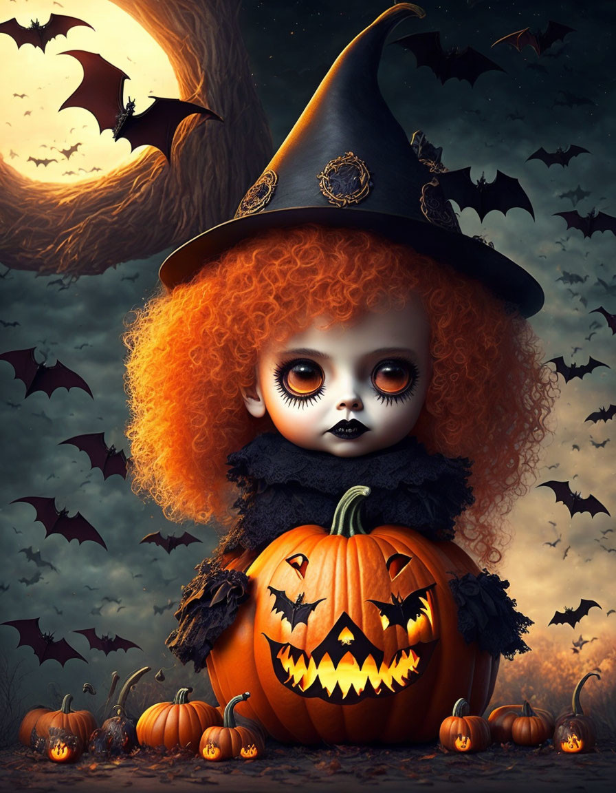 Digital artwork of doll with orange hair on pumpkin with bats and pumpkins.